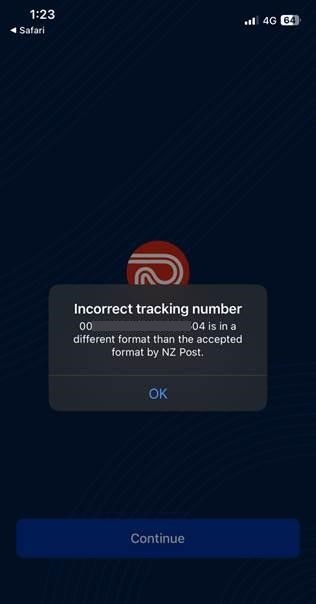Incorrect tracking number message