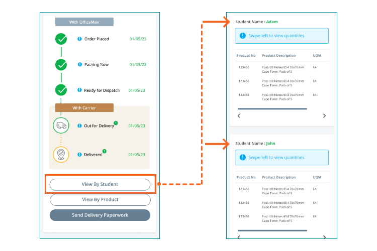Check your order on the Order Tracking Dashboard by 'View by Student' button