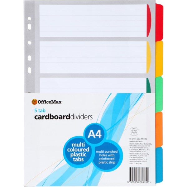 OfficeMax Index Dividers 5 Tab Reinforced A4 Cardboard Coloured