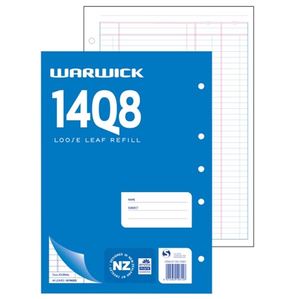 Warwick 14Q8 A4 Journal Notebook Loose Leaf Refill Pad 40 Leaves