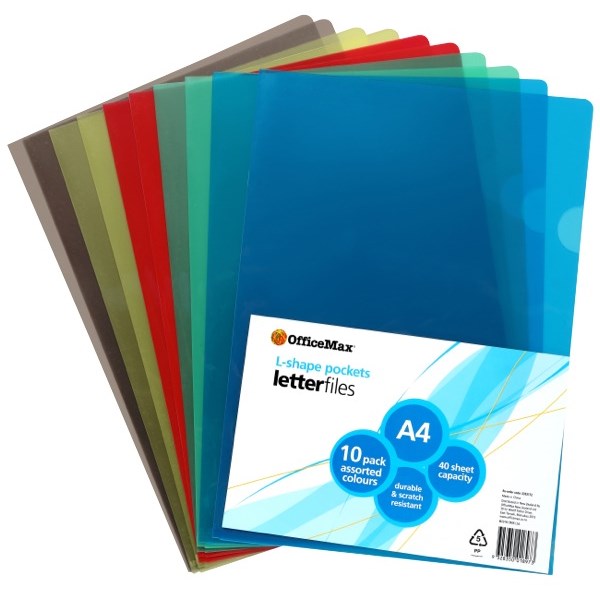 OfficeMax LShaped Pockets A4 Assorted Colours, Pack of 10 OfficeMax