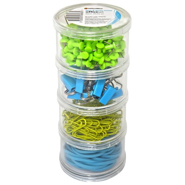 OfficeMax Office Set Paper Clips Pins Rubber Bands Blue/Green, Pack of