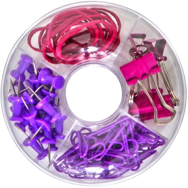 OfficeMax Office Set Paper Clips Pins Rubber Bands Pink/Purple, Pack of