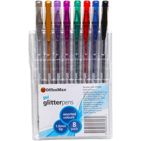 OfficeMax Glitter Gel Pens Medium Tip Assorted Colours, Pack of 8