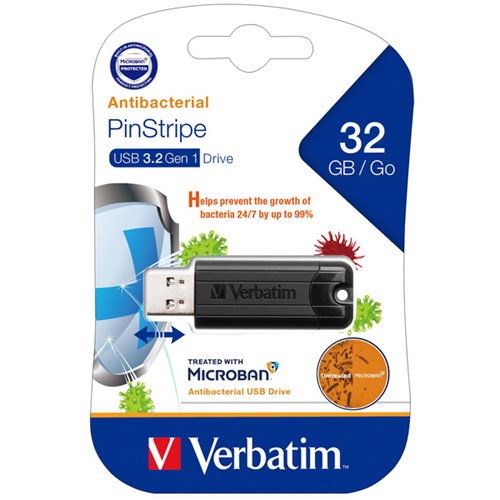 Verbatim Microban® Pinstripe Flash Drive 32GB USB 3.2 Black