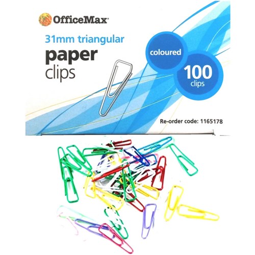 OfficeMax Paper Clips Triangle 31mm Coloured, Pack of 100