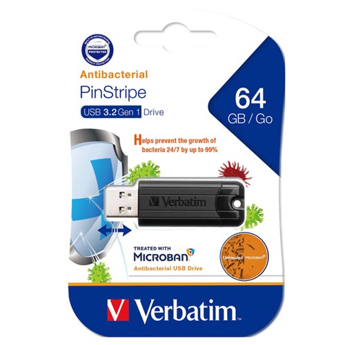 Verbatim Microban® Pinstripe Flash Drive 64GB USB 3.2 Black