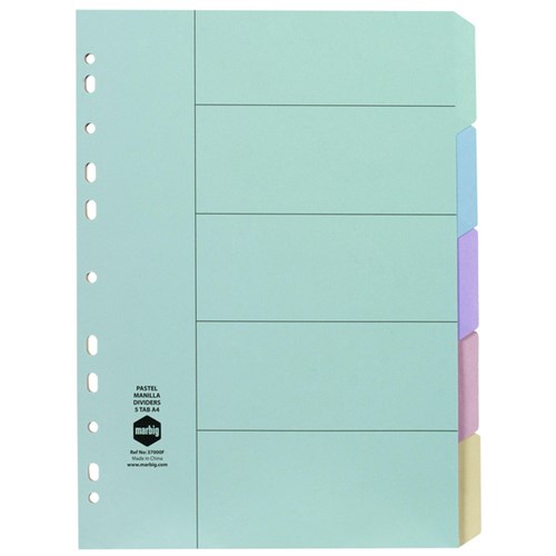 Marbig Index Dividers 5 Tab A4 Cardboard Assorted Pastel Colours