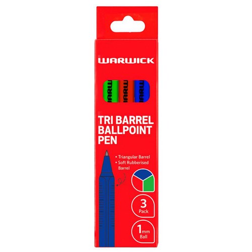Warwick Tri Barrel Ballpoint Pens 1.0mm Medium Tip Assorted Colours, Pack of 3