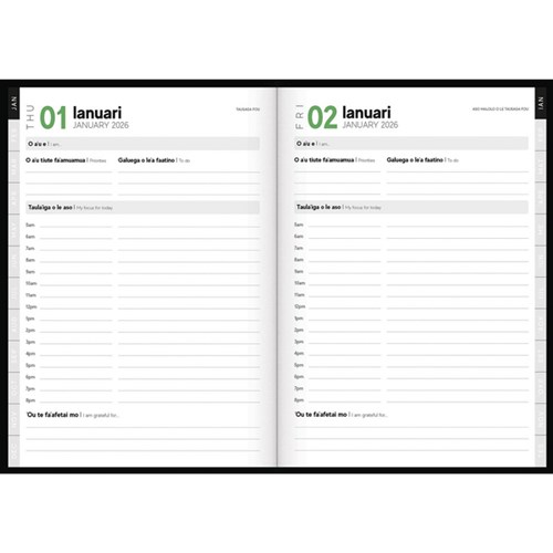 Tuhi B51 Bilingual Diary Day Per Page O Aso Ma Ona Fuafuaga 2026 Green