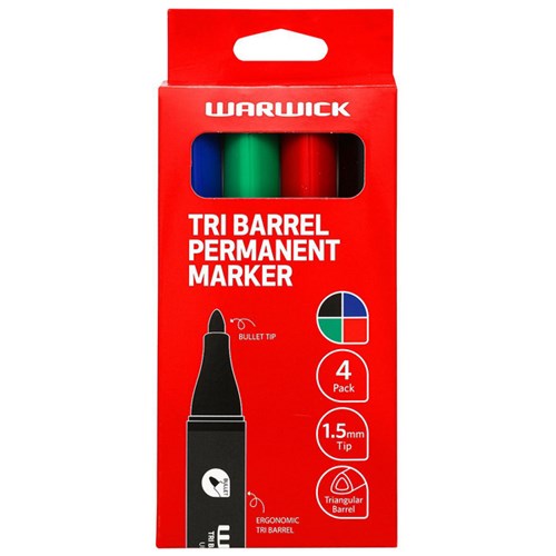 Warwick Tri Barrel Permanent Markers Bullet Tip Assorted Colours, Pack of 4