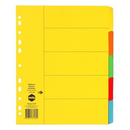 Marbig Index Dividers 5 Tab Extra Wide A4 Manilla Bright Colours