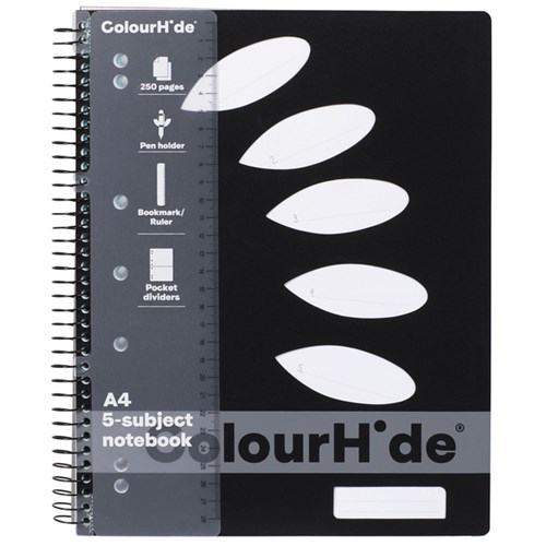 Colourhide A4 Spiral Notebook 5 Subject Black 250 Pages