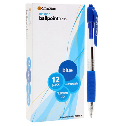 OfficeMax MaxGrip Blue Retractable Ballpoint Pen 1.0mm Medium Tip, Box of 12