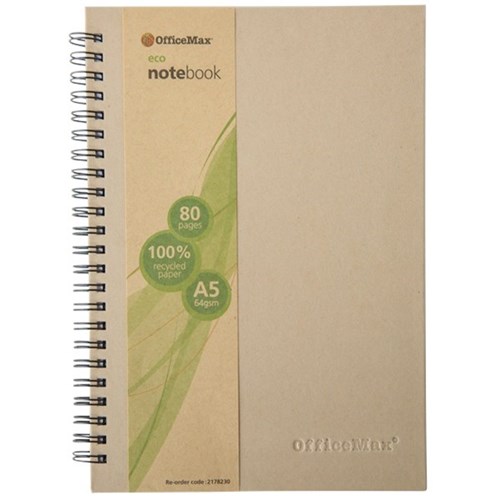 OfficeMax Eco A5 Wiro Hard Cover Recycled Notebook 160 Pages
