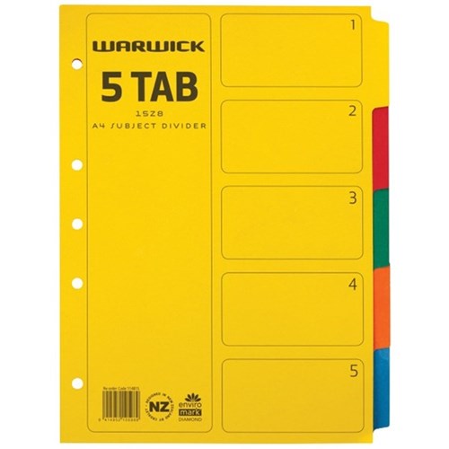 Warwick Student Index Dividers 5 Tab A4 Cardboard Coloured