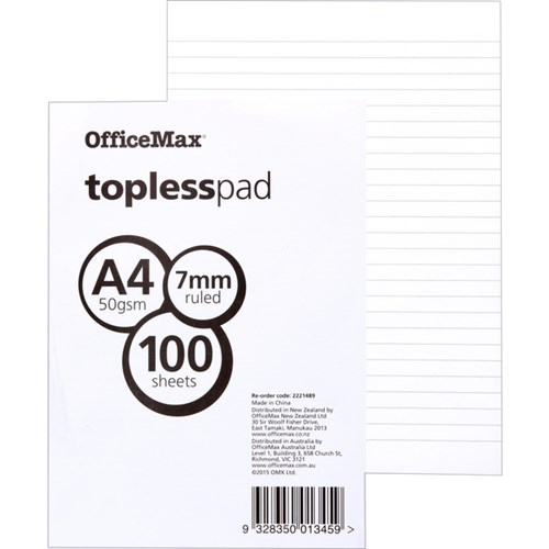 OfficeMax A4 Topless Pad 50gsm 100 Sheets Lined