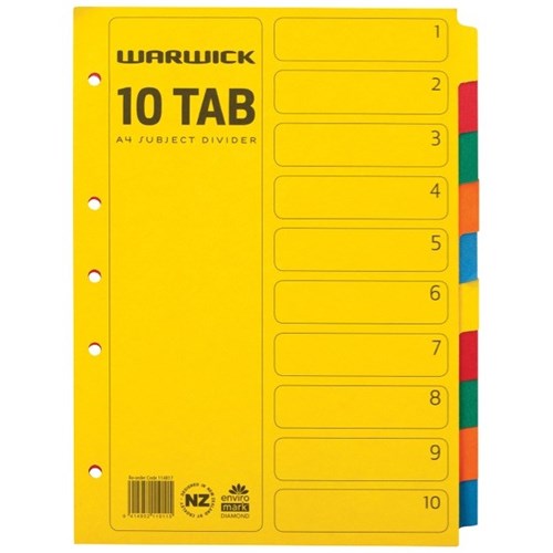 Warwick Student Index Dividers 10 Tab A4 Cardboard Coloured
