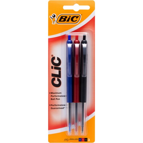 BIC Clic Red/Black/Blue Hangsell Ballpoint Pens 1.0mm Medium Tip, Pack of 3