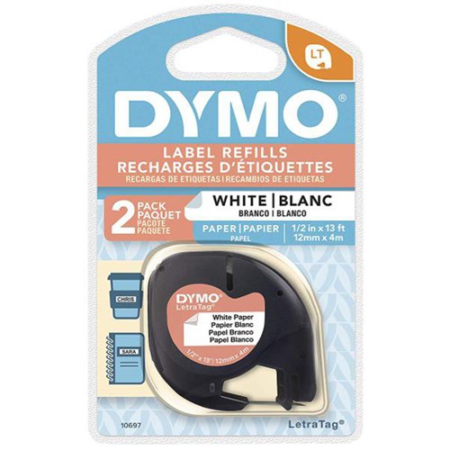 Dymo Labelling Tape Cassette LetraTag Paper 10697 12mm x 4m Black on White, Pack of 2