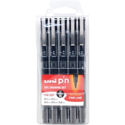 uni Pin Black Fine Line Pigment Pens Assorted Tips, Pack of 5