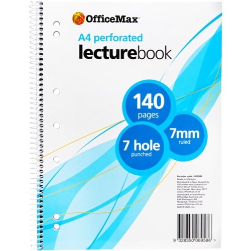 OfficeMax A4 Spiral Lecture Book 7mm Ruled Punched 140 Pages