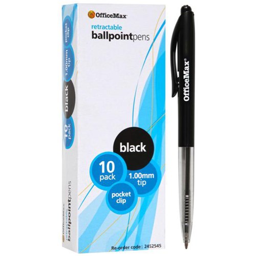 OfficeMax Black Retractable Ballpoint Pens 1.0mm Medium Tip, Pack of 10