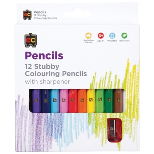 EC Jumbo Stubby Colouring Pencils & Sharpener Assorted Colours, Set of 12
