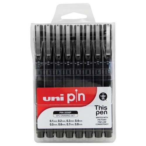 uni Pin Black Fine Line Pigment Pen Assorted Tips, Pack of 8