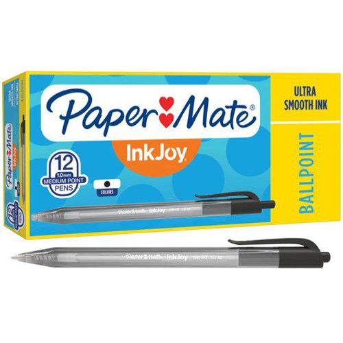 Paper Mate InkJoy 100RT Black Retractable Ballpoint Pens 1.0mm Medium Tip, Box of 12
