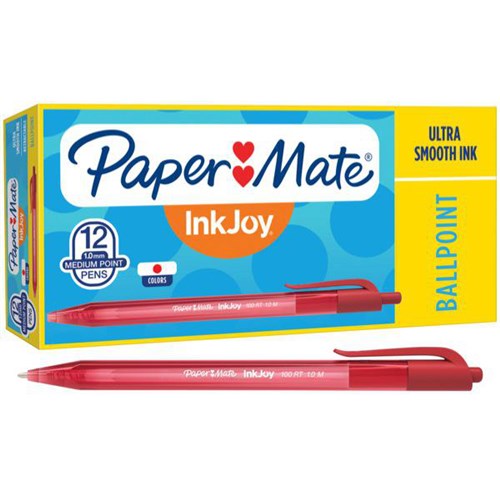 Paper Mate InkJoy 100RT Red Retractable Ballpoint Pens 1.0mm Medium Tip, Box of 12