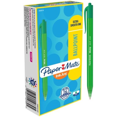 Paper Mate InkJoy 100RT Green Retractable Ballpoint Pen Medium Tip, Box of 12 OfficeMax MySchool