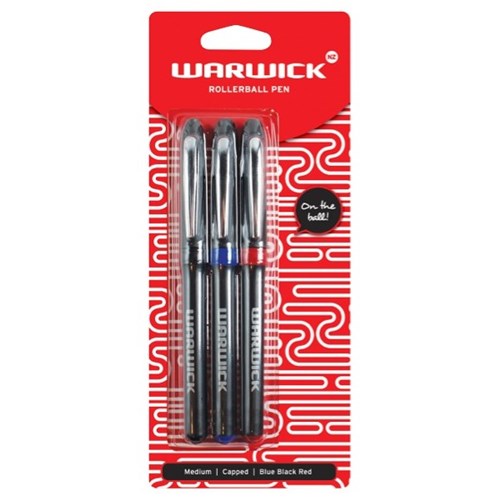 Warwick Assorted Capped Rollerball Pens 1.0mm Medium Tip, Pack of 3