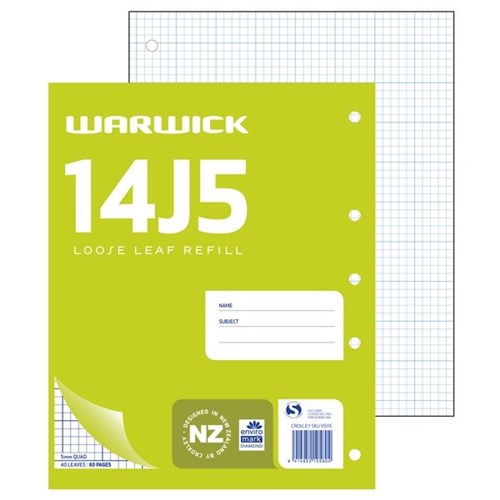 Warwick 14J5 Graph Pad Loose Leaf Refill 5mm Quad 40 Leaves