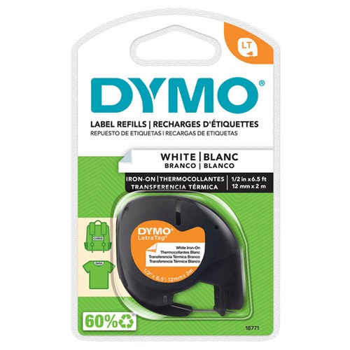 Dymo Labelling Tape Cassette LetraTag Iron-On Fabric 18771 12mm x 2m Black on White
