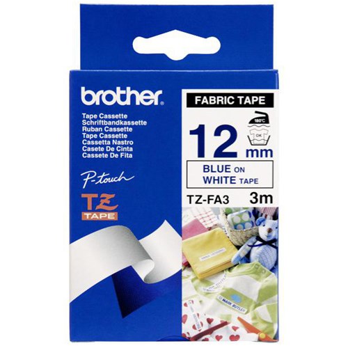 Brother Labelling Tape Cassette Fabric Iron-On TZe-FA3 12mm x 3m Blue on White