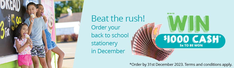 Order your back to school stationary in December to be in to win $1000 cash*