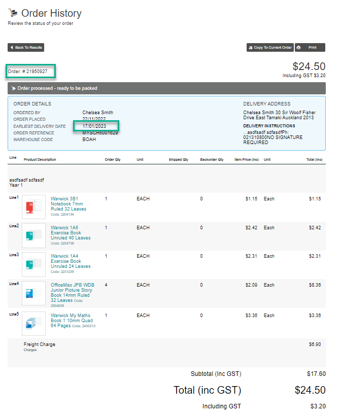 Screenshot of MySchool order details 